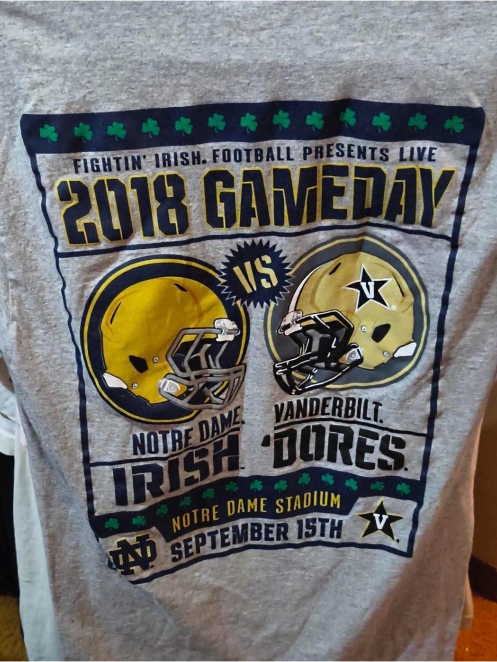 2018 Gameday Notre Dame vs Vanderbilt Tee - Gray with Gold & Navy Print